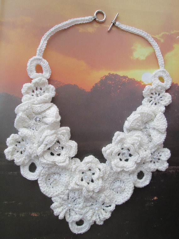 Wedding Bride Crochet Ecru Floral Motif Amazing Unique Original Hand Made Feminine Necklace